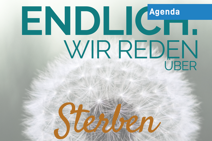dekorativer Schriftzug "WIR REDEN ÜBER STERBEN", im Hintergrund eine Pusteblume
