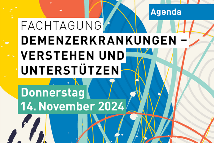 Wilder, bunter Hintergrund mit unterschiedlichen Formen und Kritzeleien. Weiss Hinterlegt der Titel der Fachtagung und blau hinterlegt Datum und Uhrzeit