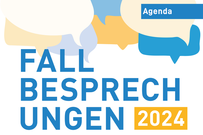 Der Schriftzug "Fallbesprechungen" in blauen Grossbuchstaben. Oben grafisch stilisierte Spechblasen in verschiedenen Schattierungen von Gelb und Blau
