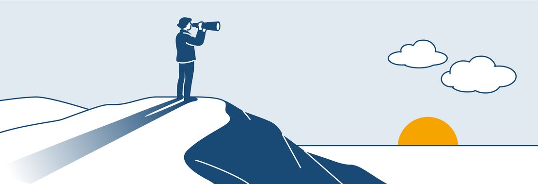 Illustration eines Menschen mit Fernrohr, der oder die den Sonnenauf- oder untergang beobachtet.