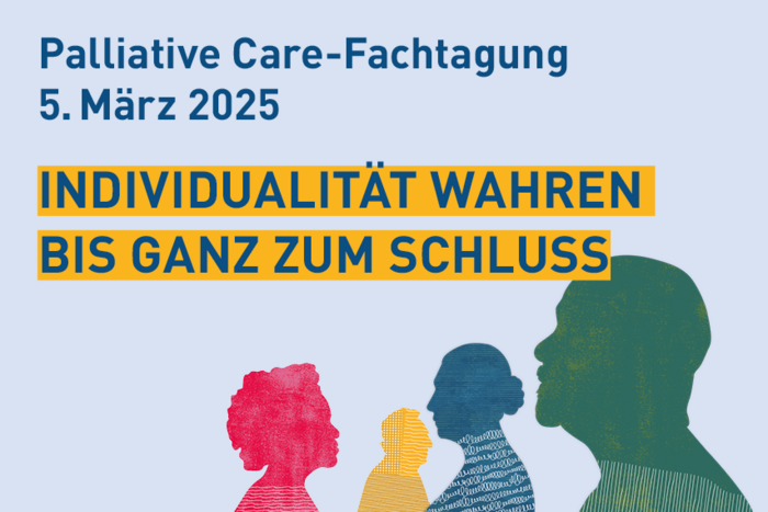 Grafische Darstellung von fünf Personen, dazu dazu der Text: Palliative Care-Fachtagung / 5. März / Individualität wahren – bis ganz zum Schluss